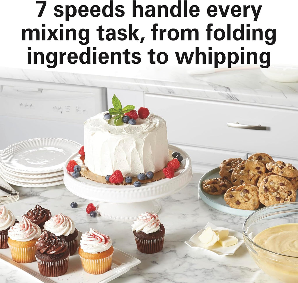 Hamilton Beach Electric Stand Mixer, 4 Quarts, Dough Hook, Flat Beater Attachments, Splash Guard 7 Speeds with Whisk, Rose