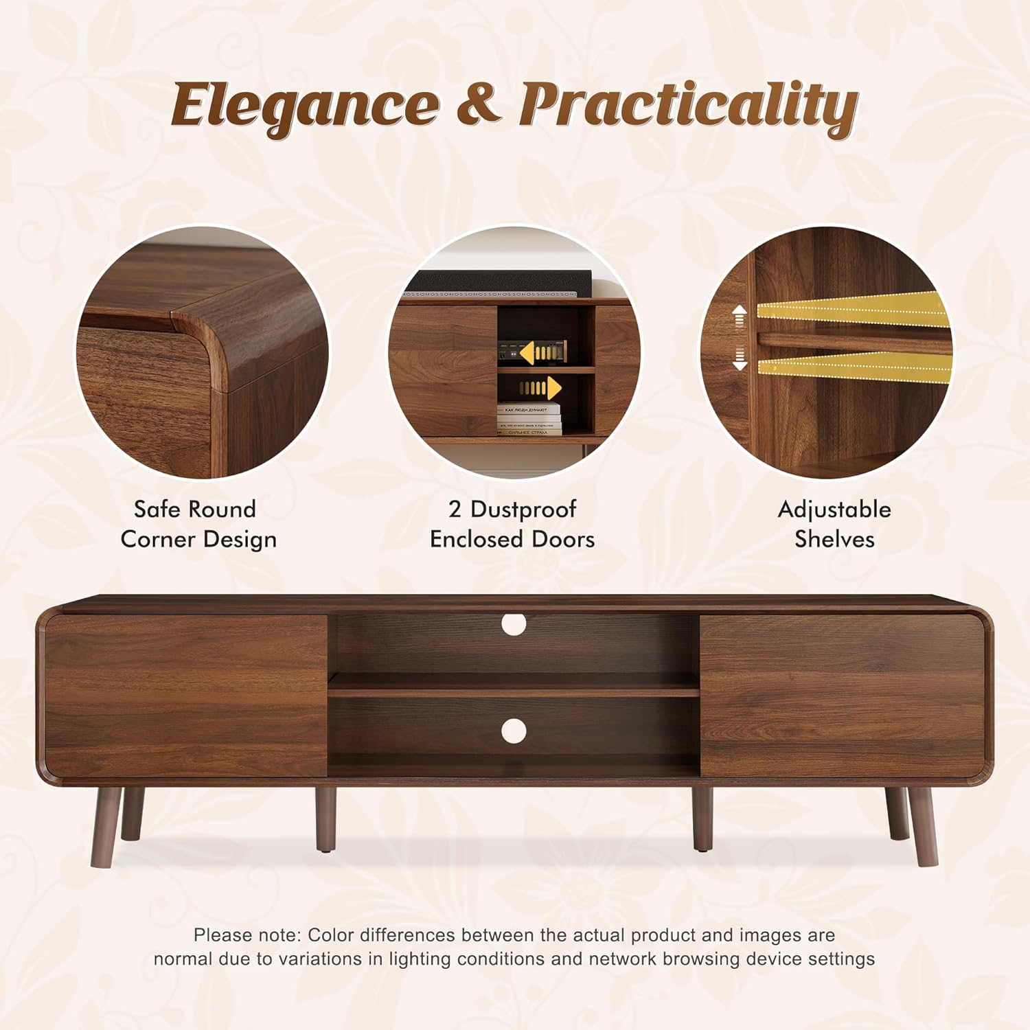 70" Mid Century Modern TV Stand for Tvs up to 80", Entertainment Center with Storage, Sideboard Media Console for Living Room with 2 Sliding Door/Adjustable Shelves, Walnut