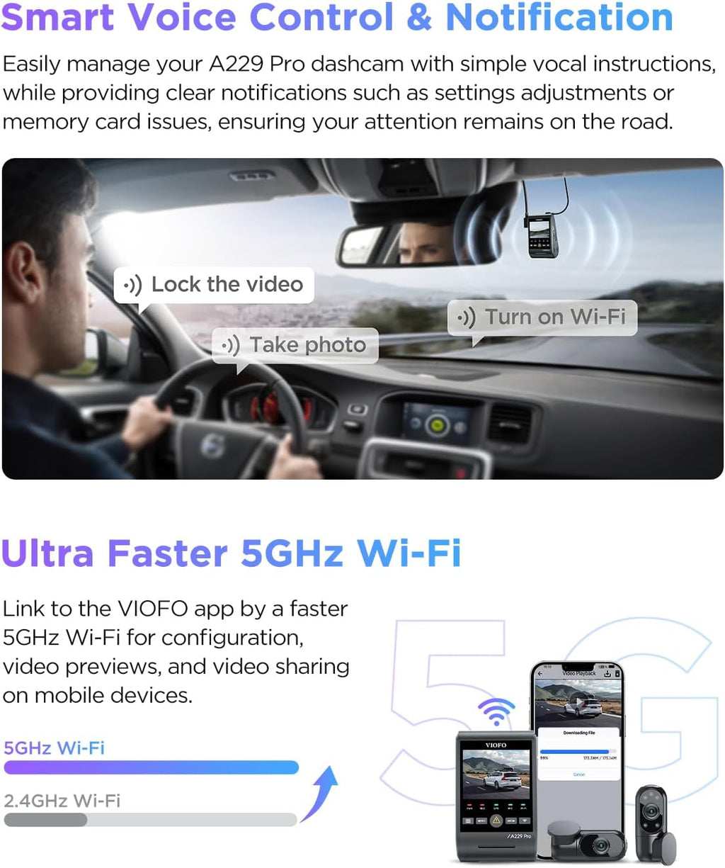 VIOFO A229 Pro 3 Channel 4K HDR Dash Cam  Dual STARVIS 2 Sensors IMX678 & IMX675  4K+2K+1080P Front Inside and Rear Triple Car Camera  5GHz WiFi GPS  Voice Control  24H Parking Mode