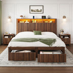 CypBed Queen Size Bed Frame with Headboard and Storage Drawers, Queen Bed Frame with LED Light and Charging Port, Farmhouse Wavy Wood Design, Wood & Metal Platform, Noise-Free, No Box Spring Needed
