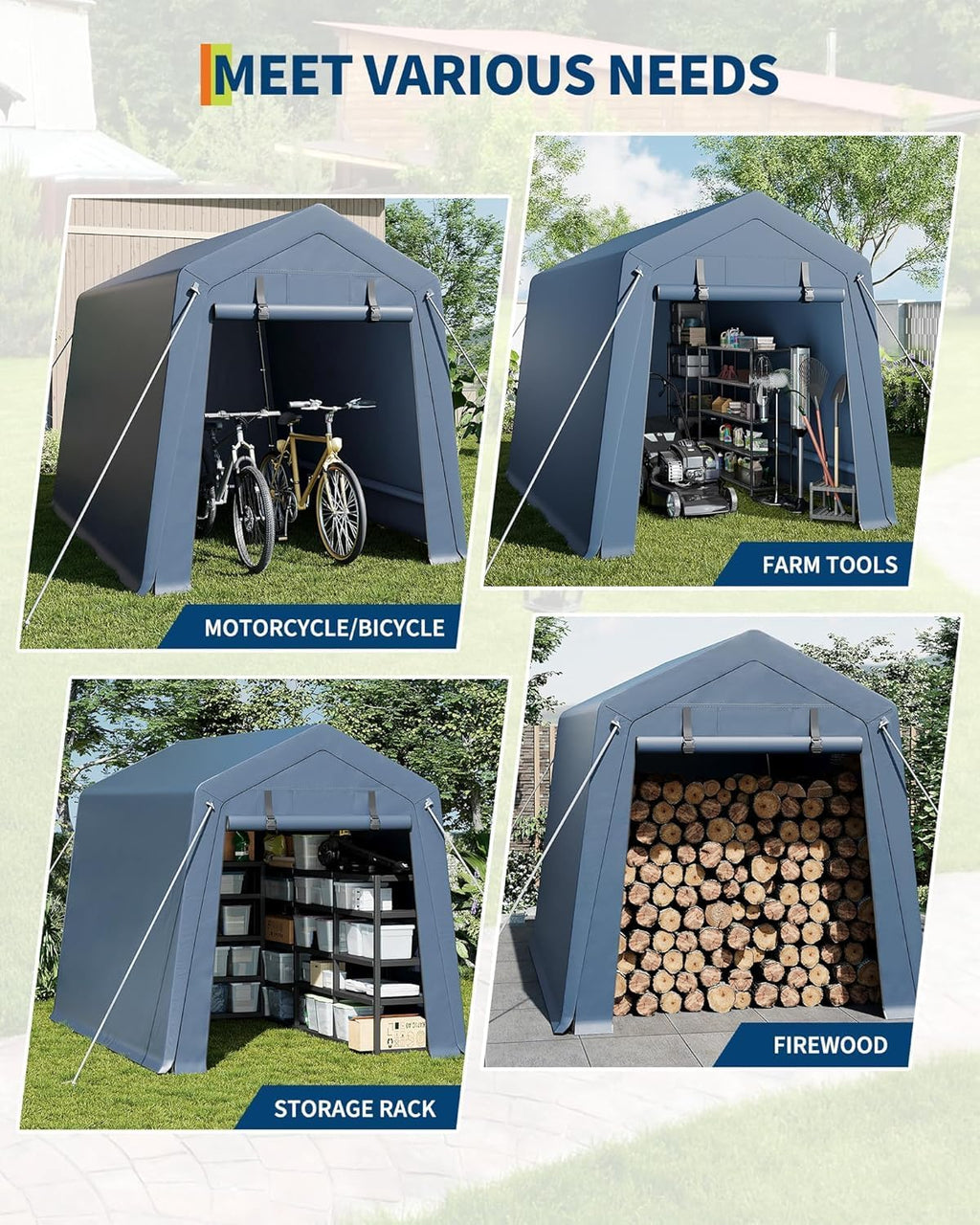 IDEALHOUSE 6x8 FT Outdoor Storage Shelter Shed Carport with Roll-Up Ventilated Zipper Door and Windows, Waterproof Portable Garage, Heavy Duty Tent Shed for Motorcycle Bike Firewood Tools