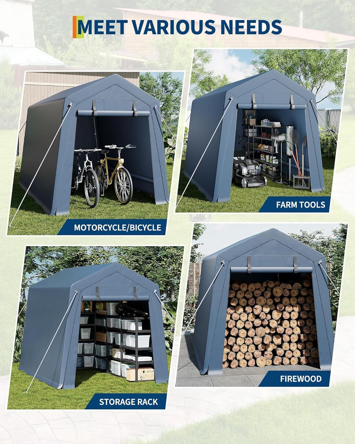IDEALHOUSE 6x8 FT Outdoor Storage Shelter Shed Carport with Roll-Up Ventilated Zipper Door and Windows, Waterproof Portable Garage, Heavy Duty Tent Shed for Motorcycle Bike Firewood Tools