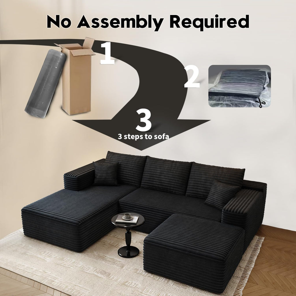 107.5" Cloud Modular Sectional Sofa with 1 Ottoman,Modern Minimalist Upholstered Couches, Comfort U Shaped Sofa for Living Room,Deep Seat Corner Couch .No Assembly Required (Black,Left Facing Chaise)
