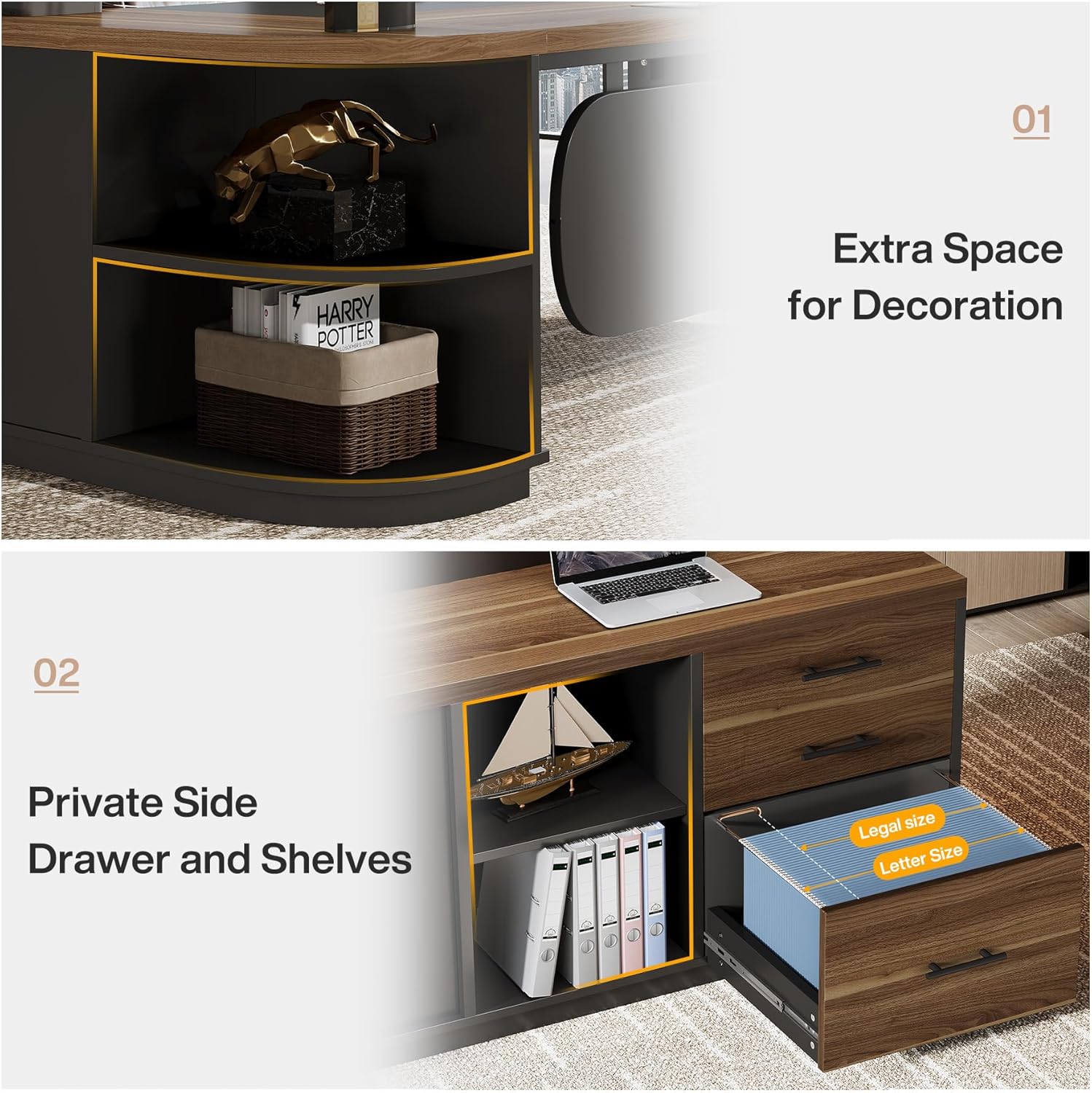 Tribesigns 80'' L-Shaped Desk, Large Executive Office Desk with 55'' Drawers Cabinet, Modern Commercial Office Table with Storage Shelves, Business Furniture for Home Office, Brown & Black