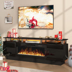 PUKAMI 70" Fireplace TV Stand, LED Light Entertainment Center with 36" Electric Fireplace, 2 Tier Modern Wood Media TV Console with Highlight Storage Cabinet for Living Room, Black