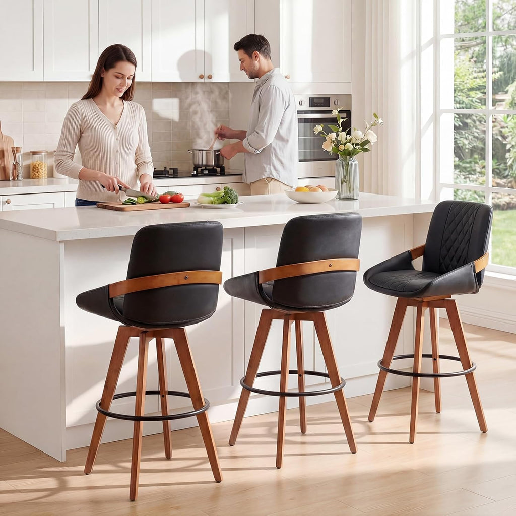 26 Inch Counter Height Stools Set of 2, Modern Mid Century Upholstered Upholstered Swivel Stool with Curved Back and Arms for Kitchen Island, Black