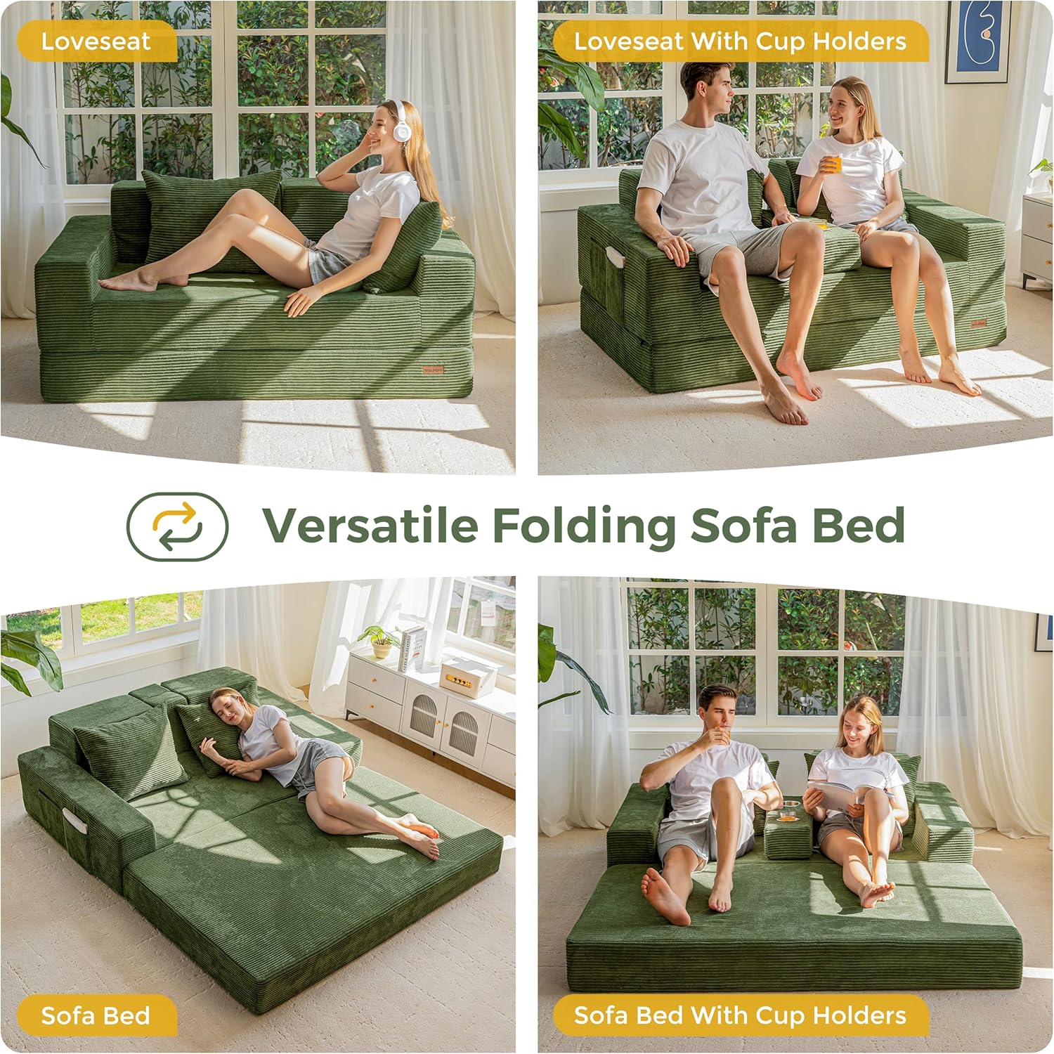 MAXYOYO Loveseat Sofa Bed, 64" Foldable Floor Sofa Couch in A Box with 2 Cup Holders, 4 in 1 Convertible Boneless Couch Folding Recliner Sleeper Chair for Living Room, No Assembly Required, Green