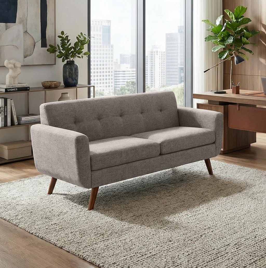 Tbfit 65" W Loveseat Sofa, Mid Century Modern Love Seat Couches for Living Room, Button Tufted Upholstered Small Couch for Bedroom, Solid and Easy to Install Love Seats Furniture, Grey | linen fabric, button tufted, solid wood foot, pocket spring, wo