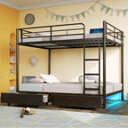 Rolanstar Metal Bunk Bed Full Over Full with USB Charging Station, LED Bunk Bed with 2 Storage Drawers, Bed with Safety Guardrail & Ladders, No Box Spring Needed, Easy Assembly, Black