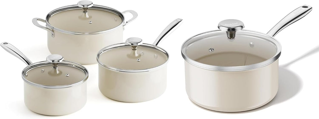 Redchef Cooking Pot Set Induction 5Qt, Saucepan Set 2.5/3.5Qt and 2.5QT Small Saucepan, Stay-Cool Handles, Oven/Dishwasher Safe, PTFE PFAS Free (Beige)