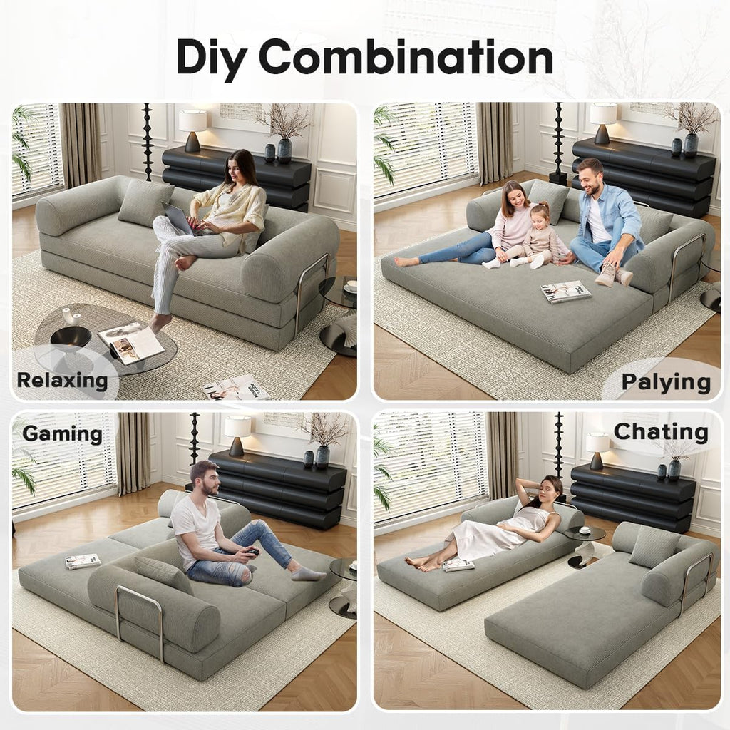 78.8" Modular Sofa Bed - 4-in-1 Convertible Design with Corduroy Fabric and High Density Sponge, Removable Cover and Fixed Frame