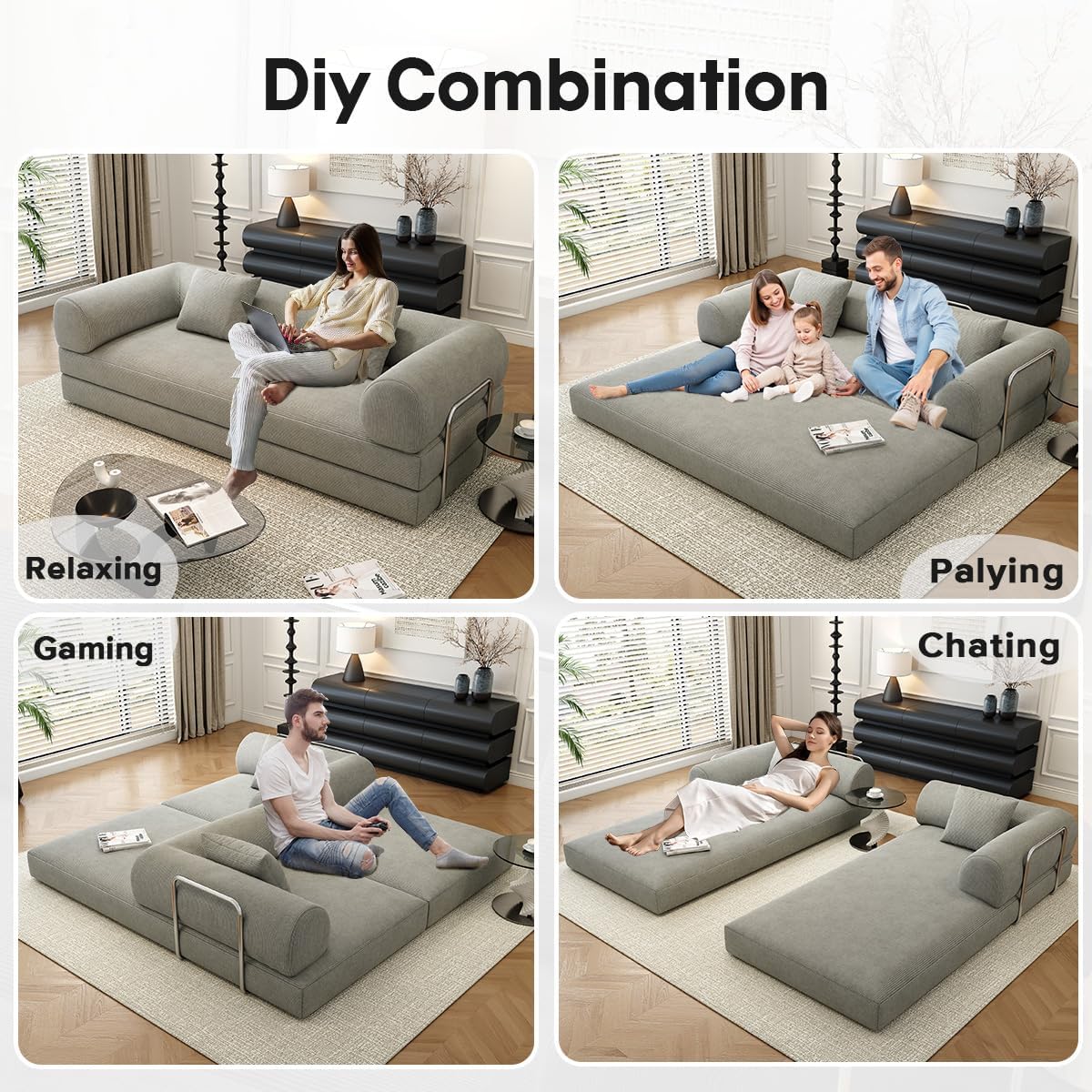 78.8" Modular Sofa Bed - 4-in-1 Convertible Design with Corduroy Fabric and High Density Sponge, Removable Cover and Fixed Frame