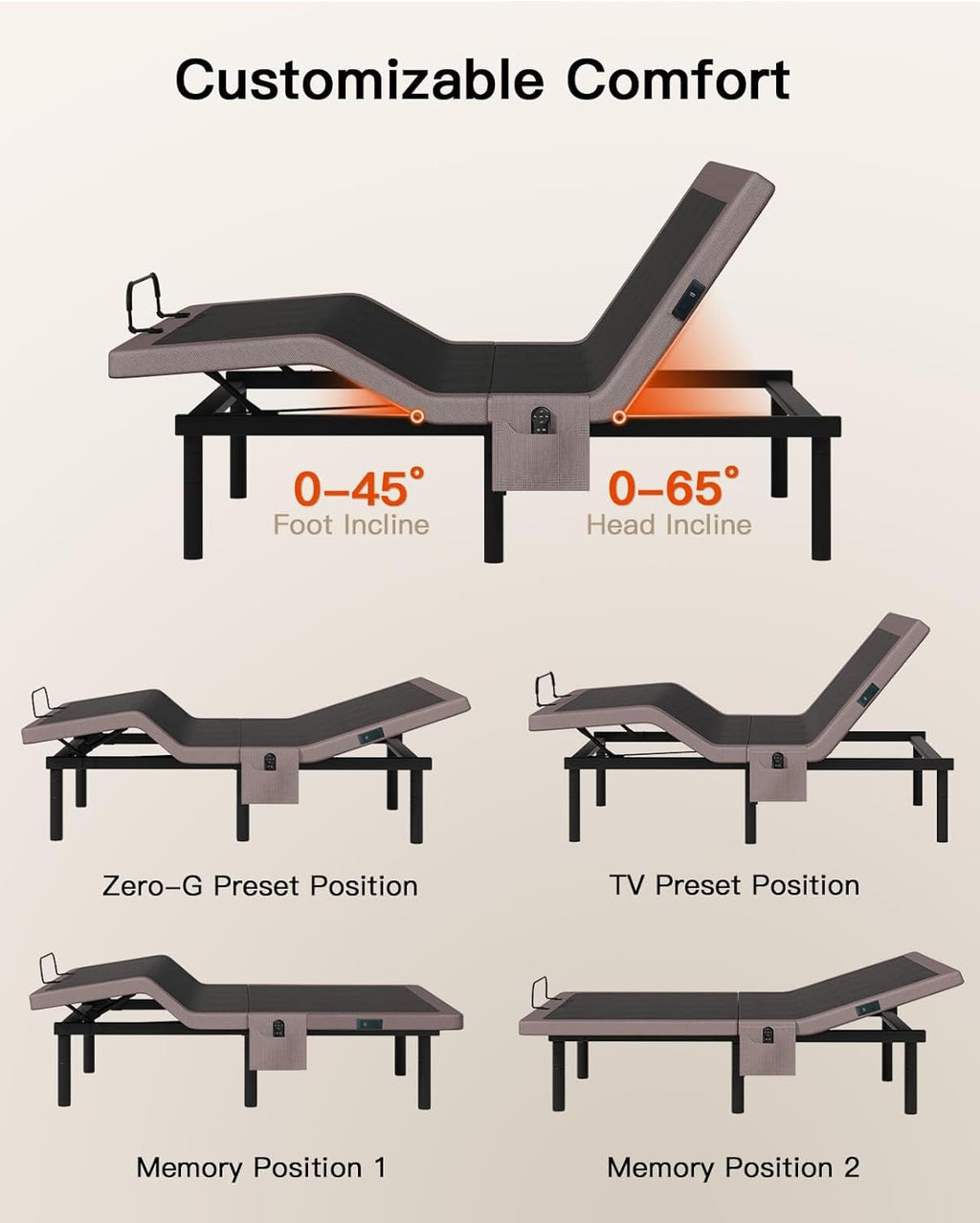 Amada Adjustable Bed Frame Split King Size, Electric Bed with Head & Foot Incline, Zero-Clearance and Zero Gravity Mode, 4 USB Ports and Wireless Remote, Easy Assembly