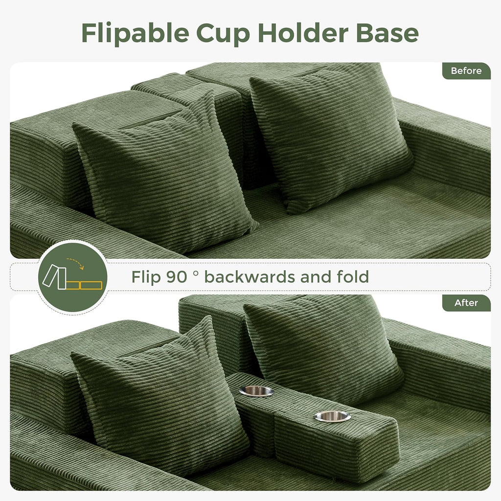 MAXYOYO Loveseat Sofa Bed, 64" Foldable Floor Sofa Couch in A Box with 2 Cup Holders, 4 in 1 Convertible Boneless Couch Folding Recliner Sleeper Chair for Living Room, No Assembly Required, Green