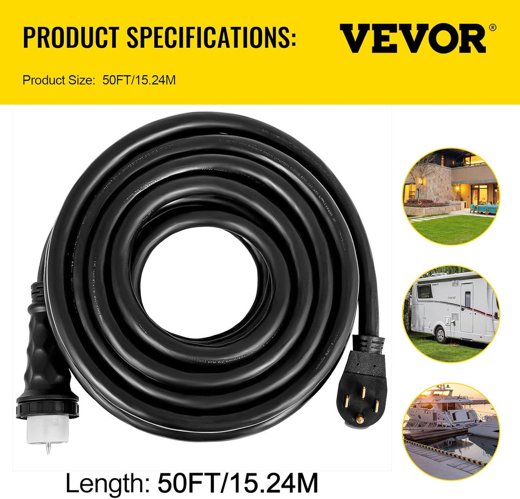 VEVOR 50FT 50 Amp Generator Extension Cord  STW 45446 + 45505 125V 250V Generator Power Cord  N14-50P & SS2-50R & CS6364 Twist Lock Connectors