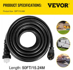 VEVOR 50FT 50 Amp Generator Extension Cord  STW 45446 + 45505 125V 250V Generator Power Cord  N14-50P & SS2-50R & CS6364 Twist Lock Connectors
