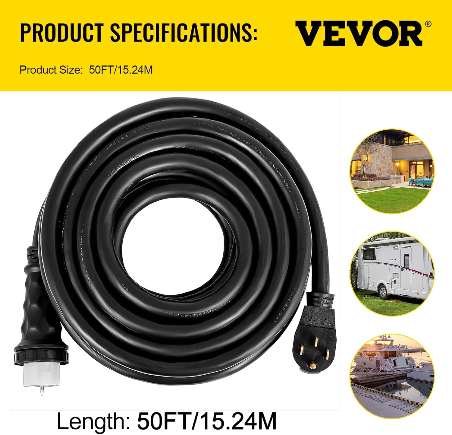 VEVOR 50FT 50 Amp Generator Extension Cord  STW 45446 + 45505 125V 250V Generator Power Cord  N14-50P & SS2-50R & CS6364 Twist Lock Connectors