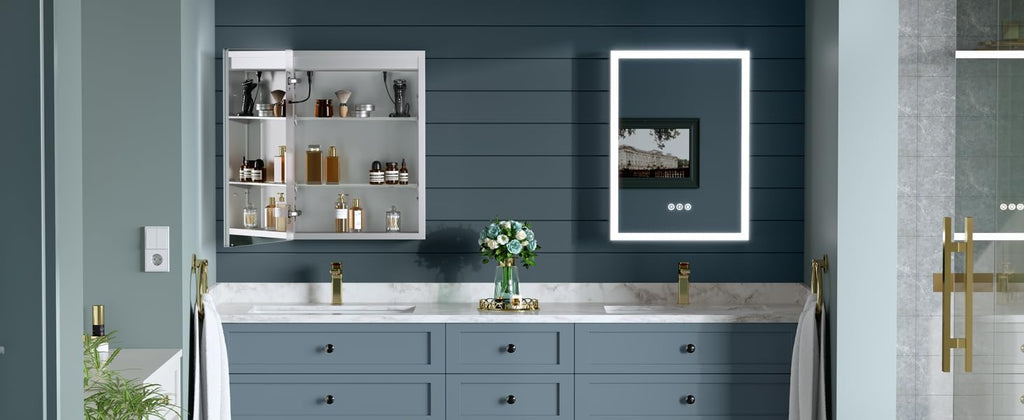 16x24 Inch Medicine Cabinet with Lights, Lighted Medicine Cabinet with Mirror, AL Alloy Frame, Hardwired, Recessed or Wall Mount, 3 Light Colors/Dimmable/Defog,2 Outlets&USBs, 2 Shelves