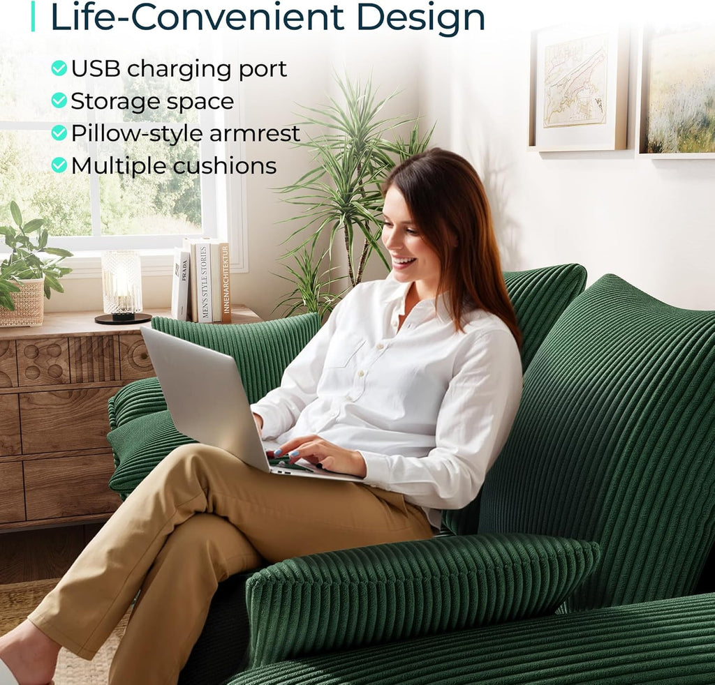 LINSY HOME 90.5'' Sectional Sleeper Sofa with Pull Out Couch Bed Modular (Green, 90.5'') | USB Charging, Pillow-style Armrest, Multiple Cushions, Storage Chaise, Corduroy Fabric
