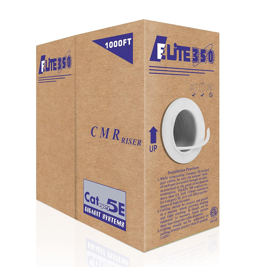 Elite CAT5E Riser (CMR), 1000ft, UTP 24AWG, Solid Bare Copper, 350MHz, UL Certified, Easy to Pull (Reelex II) Box, Bulk Ethernet Cable, White
