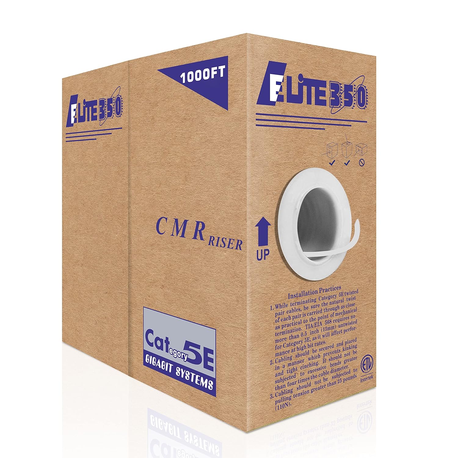 Elite CAT5E Riser (CMR), 1000ft, UTP 24AWG, Solid Bare Copper, 350MHz, UL Certified, Easy to Pull (Reelex II) Box, Bulk Ethernet Cable, White