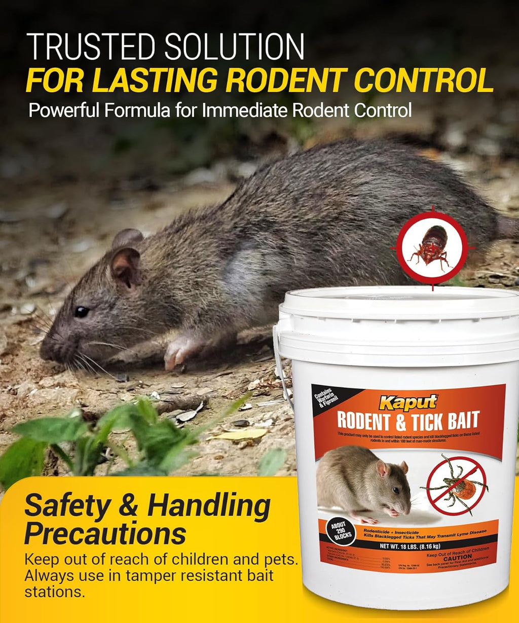 Kaput Rodent & Tick Bait Blocks  Powerful Warfarin & Fipronil Rat Bait Blocks for Rat Control and Their Blacklegged Ticks - Epa Approved Rodent Killer for Long-Lasting Protection (18 lbs)