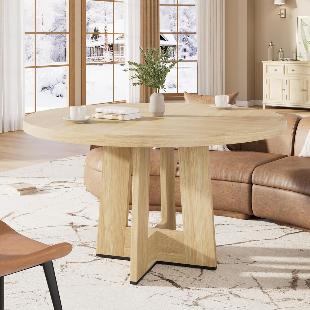Garvee 47" Round Dining Table for 4-6 People - Circle Kitchen Dinner Table with Sturdy Pedestal Base, Space Saving Dinning Room Furniture for Living Room, Kitchen, Apartment, Natural