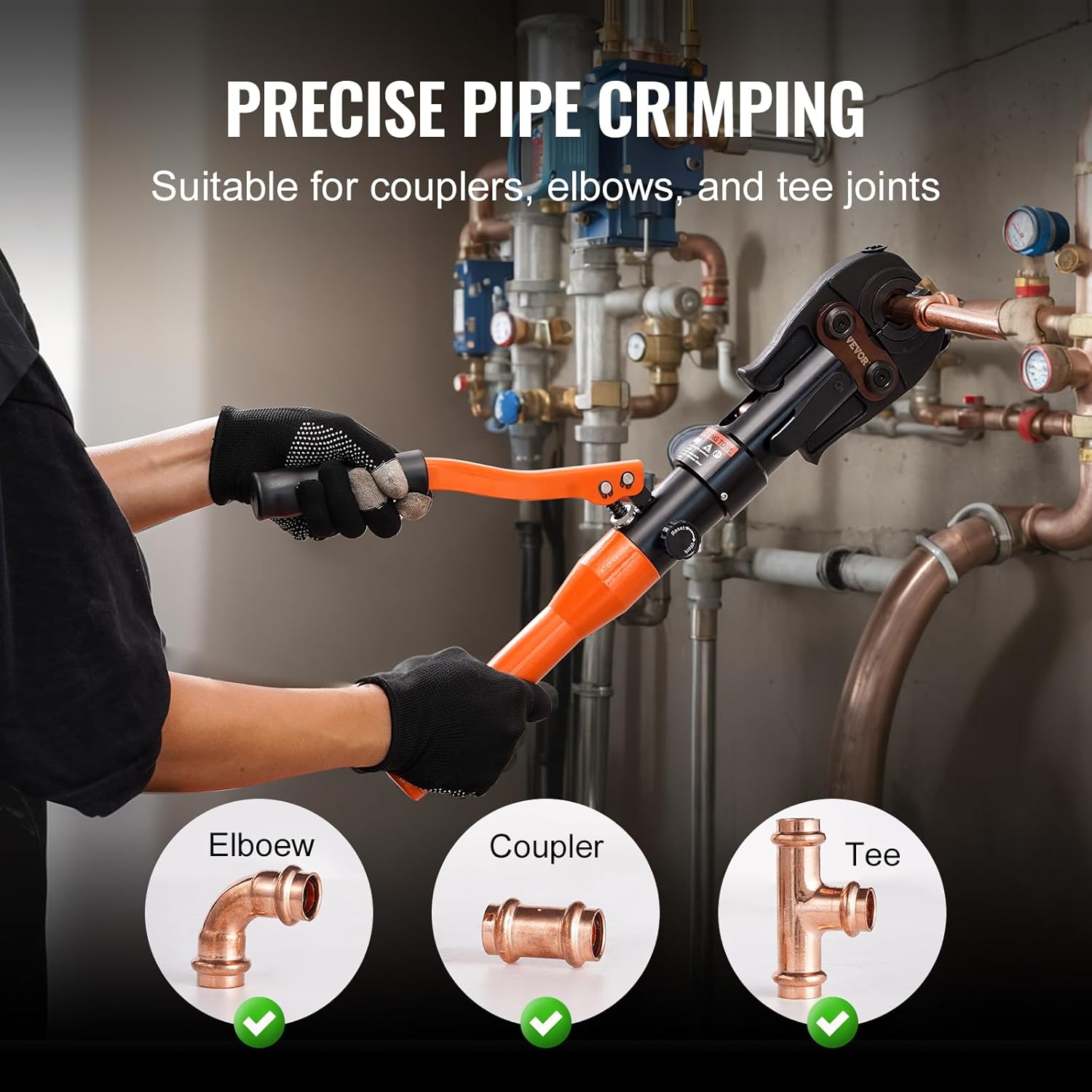 VEVOR Copper Pipe Crimping Tool, Hydraulic Driven Press Tool with 1/2", 3/4", 1" Jaws, Copper Tube Fittings Pipe Crimpers for Narrow Spaces and Tee Fittings