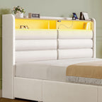 Seventable Full Size Bed Frame with 4 Storage Drawers & Charging Station, Upholstered Platform Bed with Storage Headboard and LED Light, No Box Spring Needed, Noise Free, Easy Assembly, Cream White