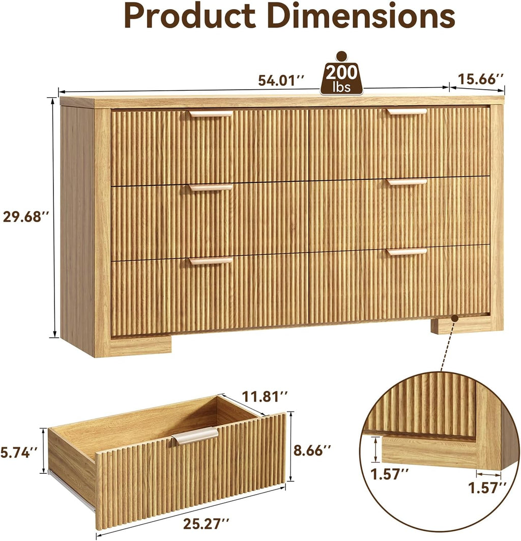 Fluted 6 Drawers Dresser for Bedroom, 54" Modern Chest of Drawers with Metal Handle, Wood Closet Clothes Storage Organizer for Living Room, Hallway, Entryway, Natural Oak