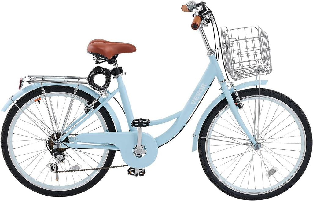 VEVOR Women Bike, 7-Speed and 1-Speed, 24-26 Inch Pink and Light Blue Beach Cruiser Bike, with Large Capacity Basket and Rear Rack, Adjustable Seat, Fits for Cycling, Exercise & Shopping