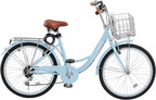 VEVOR Women Bike, 7-Speed and 1-Speed, 24-26 Inch Pink and Light Blue Beach Cruiser Bike, with Large Capacity Basket and Rear Rack, Adjustable Seat, Fits for Cycling, Exercise & Shopping