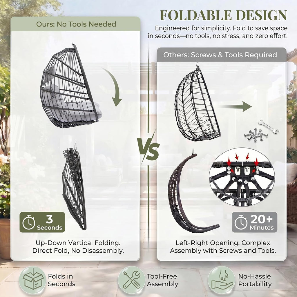 RADIATA Rattan Swing Egg Chair with Stand Outdoor, Comfy Hanging Wicker Chairs with Soft Cushion, Stable 350Lbs Patio Swinging Chair for Adults Bedroom Balcony Indoor Porch Outside, Light Gray