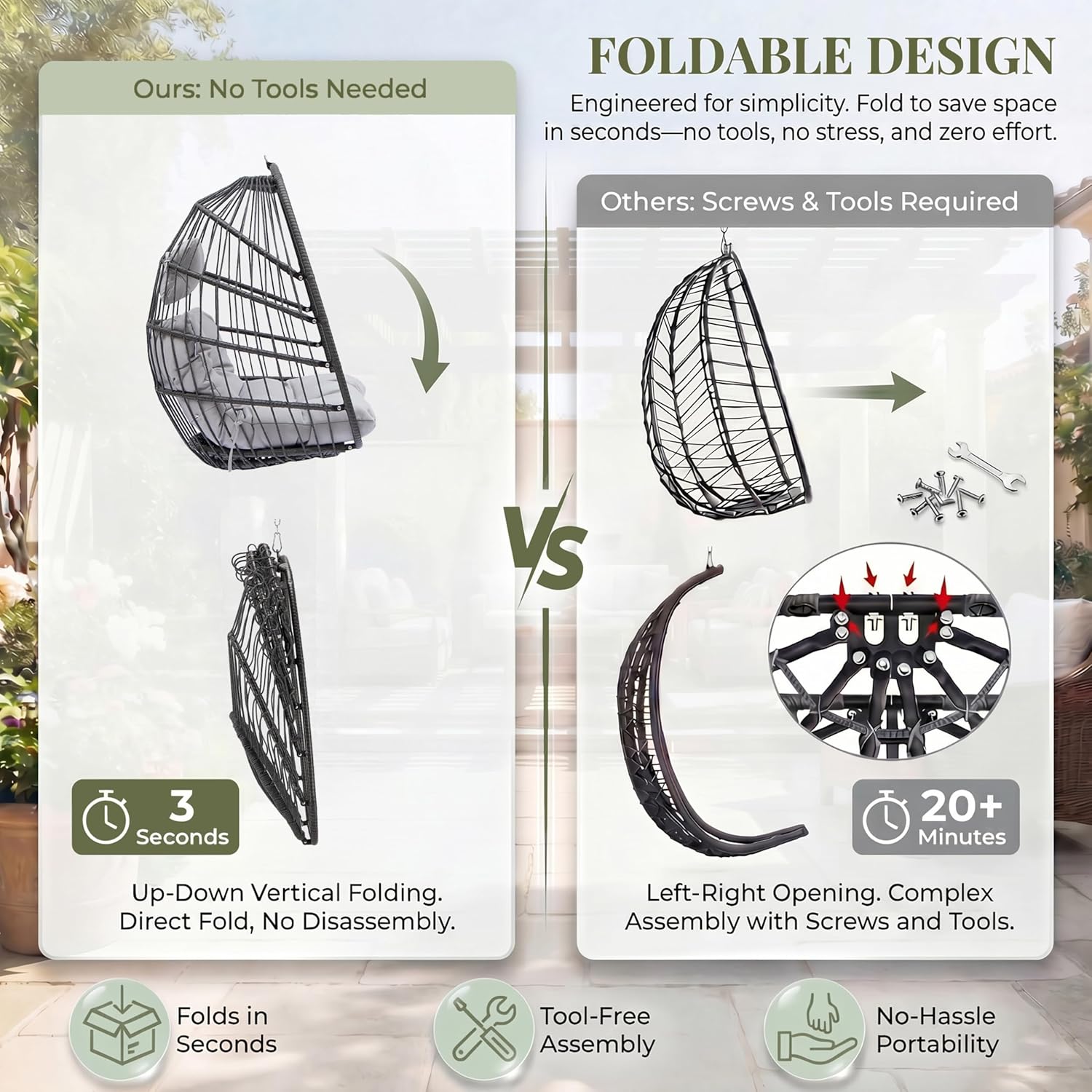 RADIATA Rattan Swing Egg Chair with Stand Outdoor, Comfy Hanging Wicker Chairs with Soft Cushion, Stable 350Lbs Patio Swinging Chair for Adults Bedroom Balcony Indoor Porch Outside, Light Gray