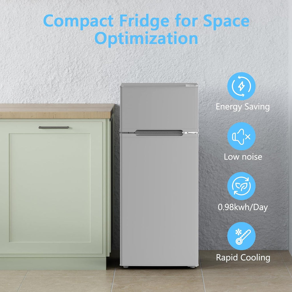 COWSAR 4.5 Cu.Ft Dorm Fridge With Freezer, 2-Door Compact Refrigerator With 2 Removable Shelves, 3 Level Adjustable Thermostat, Commercial Office Fridge for Bedroom, Kitchen, Apartment, Dorm, Grey