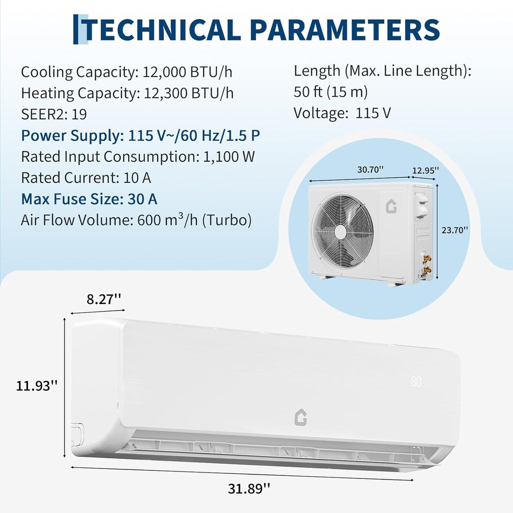 Air Conditioner Split Unit, 12,000 BTU All-Seasonal AC, SEER2 19, 115V, Sleep Mode, Auto Shut-Off, Timer Function, Energy Star Certificated, for Room Up 750 sq ft