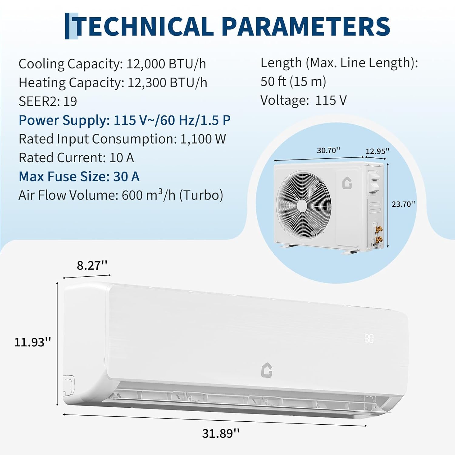 Air Conditioner Split Unit, 12,000 BTU All-Seasonal AC, SEER2 19, 115V, Sleep Mode, Auto Shut-Off, Timer Function, Energy Star Certificated, for Room Up 750 sq ft