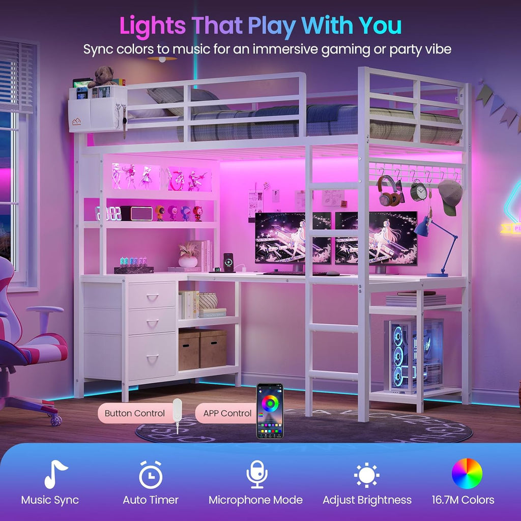 Twin Size Loft Bed with L-Shaped Gaming Desk, Storage Drawers, Glass Cabinet & Hutch, Twin Loft Bed with Smart LED Lights & Power Outlets, Metal Bed Frame with Safety Guardrail & Ladder for Kids/Teens