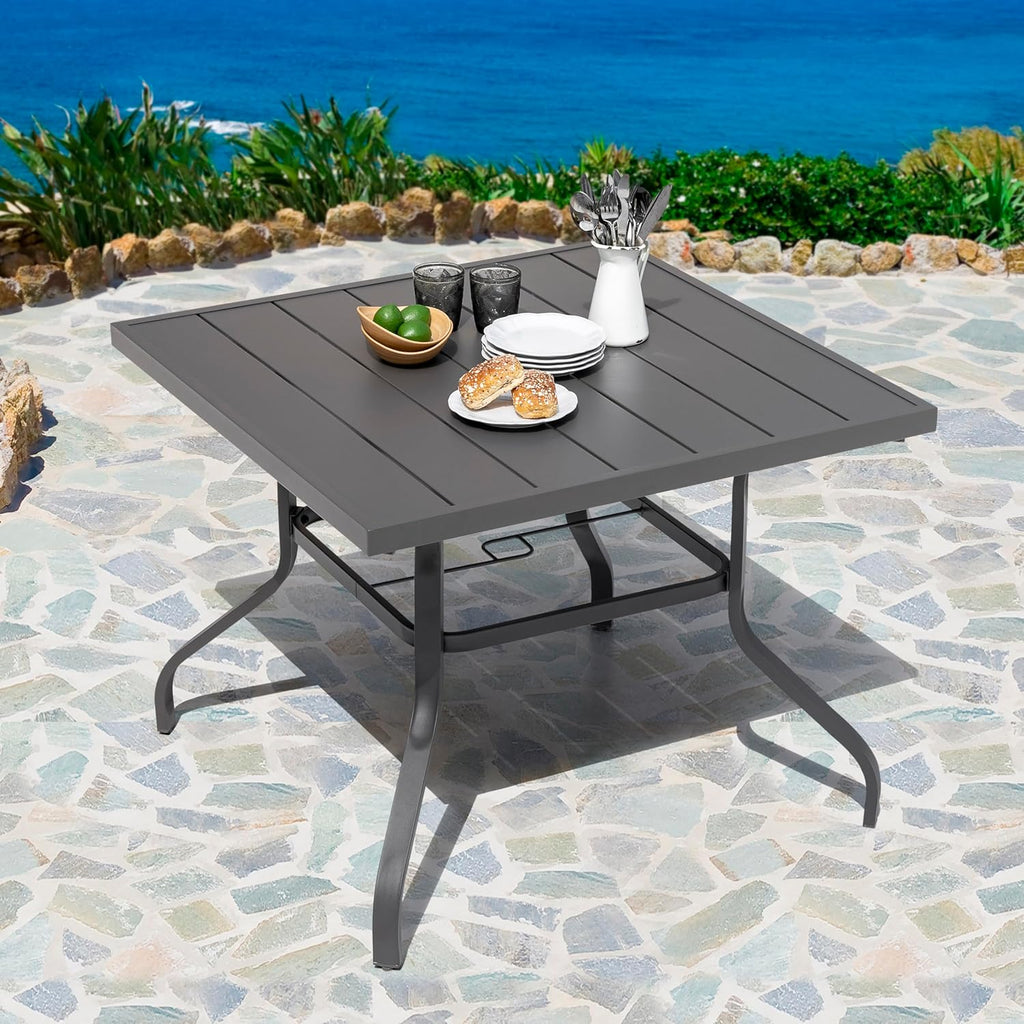 NUU GARDEN 37" Outdoor Patio Table, Square Steel Slat Dining Table for 4 with 1.57" Umbrella Hole, Powder-Coated Iron Frame and Slatted Top for Patio, Garden and Balcony, Gray