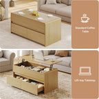 Coffee Table Lift Top with 2 Drawers, 40 Inch Multi-Function Coffee Table with Hidden Compartment, Curved Profile Design, Converts to Home Office Table for Living Room, Natural
