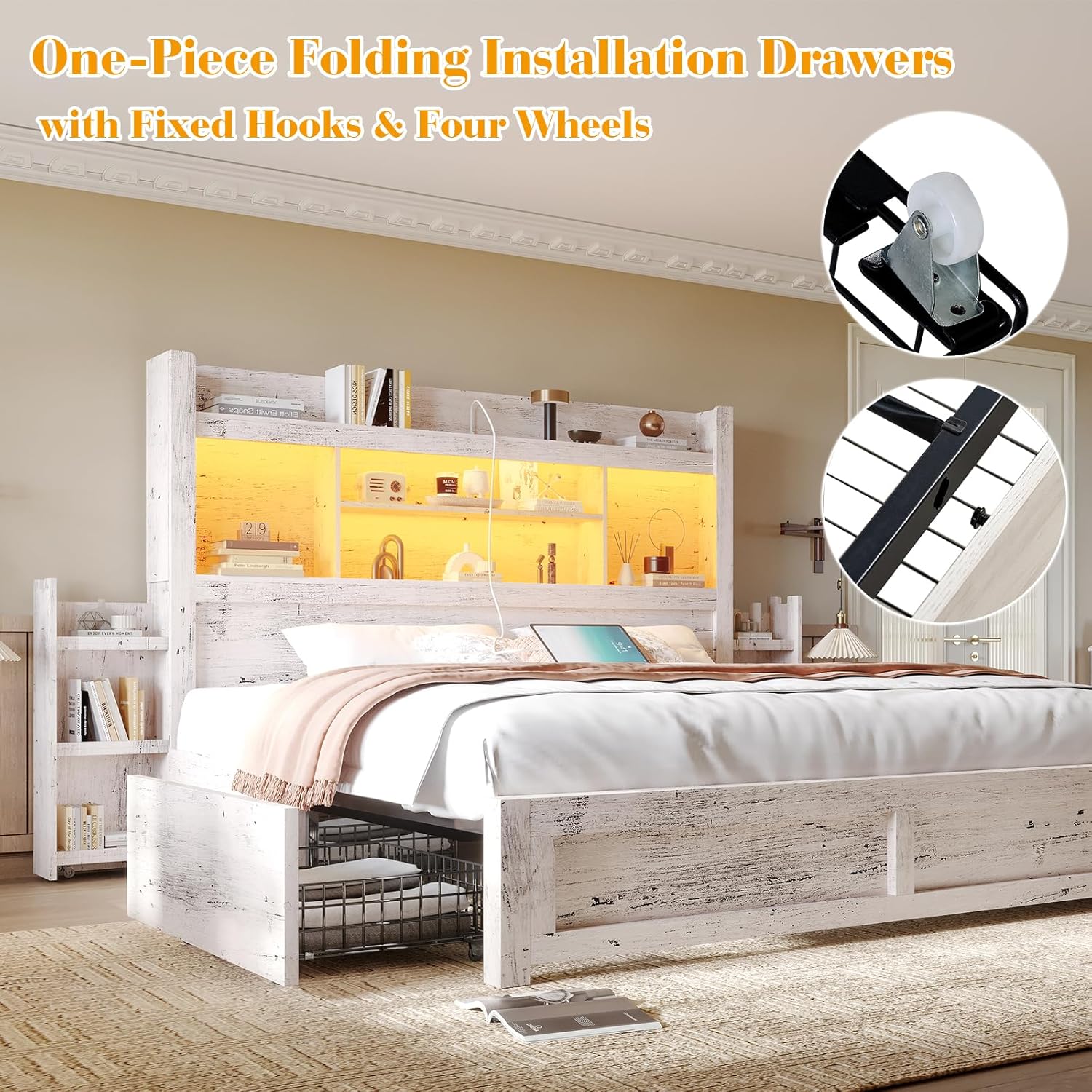 Queen Bed Frame with 49.6" Bookcase Headboard & 4 Drawers & 2 Detachable Bedside Stoage Racks, Farmhouse Wood Bed Frame with RGB LED & Charging Station, No Box Spring Needed, Distressed White