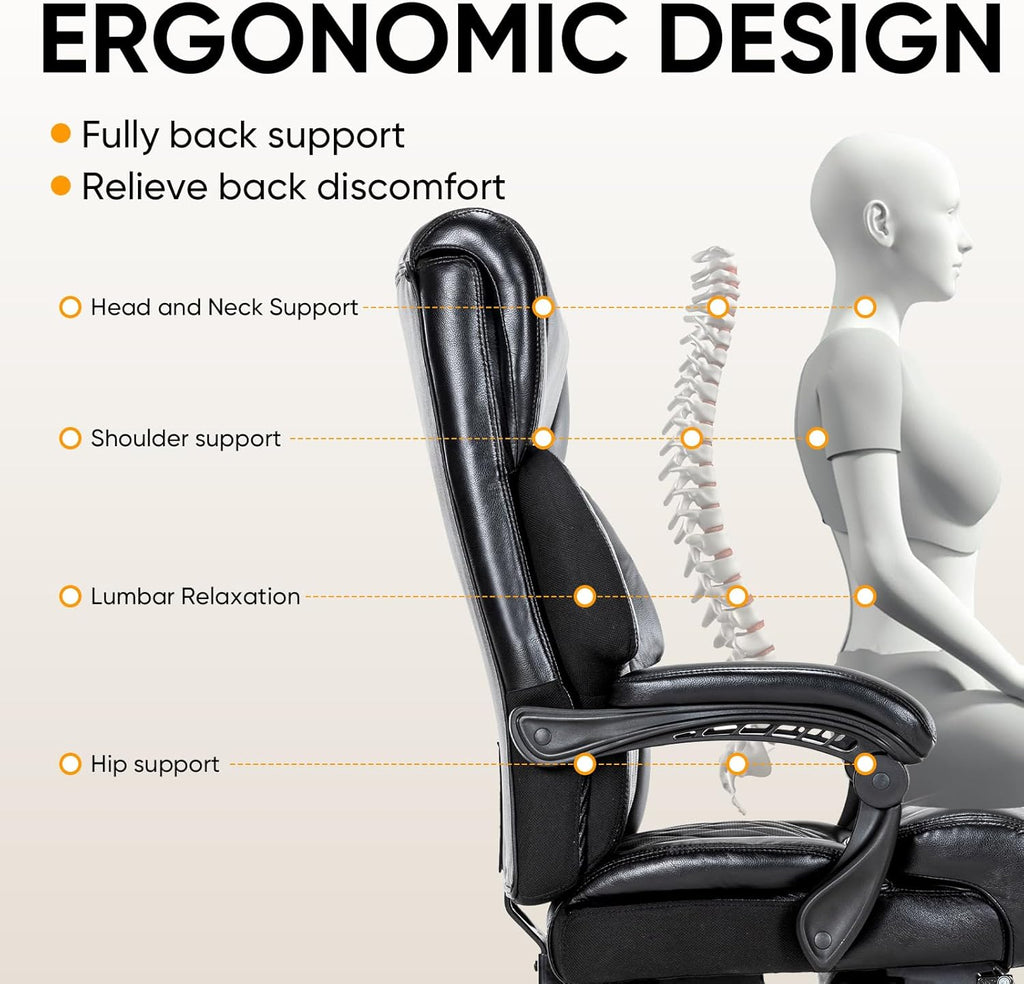 Executive Office Chair with Foot Rest Big and Tall Office Chair for Heavy People Ergonomic High Back Recline Chair Large Computer Desk Chair Black