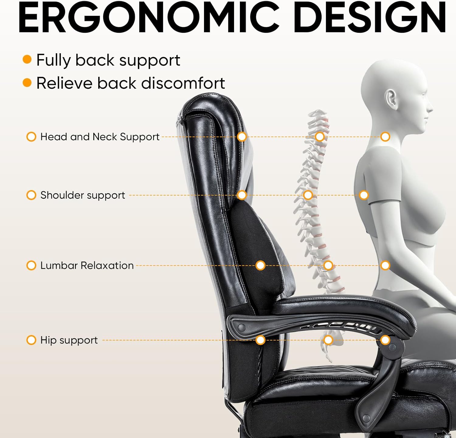 Executive Office Chair with Foot Rest Big and Tall Office Chair for Heavy People Ergonomic High Back Recline Chair Large Computer Desk Chair Black