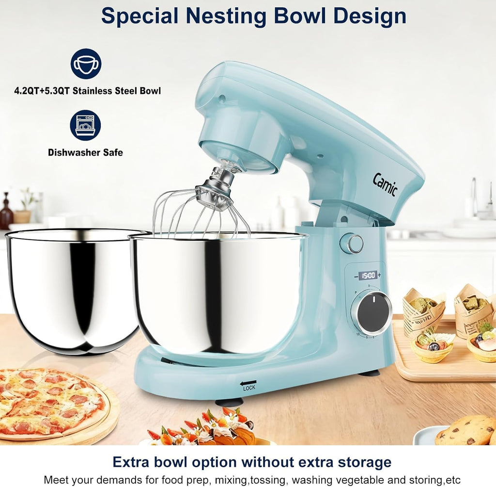 Camic Stand Mixer, 4.2QT+5.3QT Two bowls Electric Food Mixer, 10 Speeds with Digital setting 3-IN-1 Kitchen Mixer for Baking Cakes Cookie Bread Salad with Egg Whisk,Dough Hook,Flat Beater (Blue)