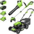 Greenworks 40V 21" Self-Propelled Lawn Mower Axial Leaf Blower(500 CFM / 120 MPH) 13" String Trimmer with 2 Batteries(5Ah+2Ah) & Chargers