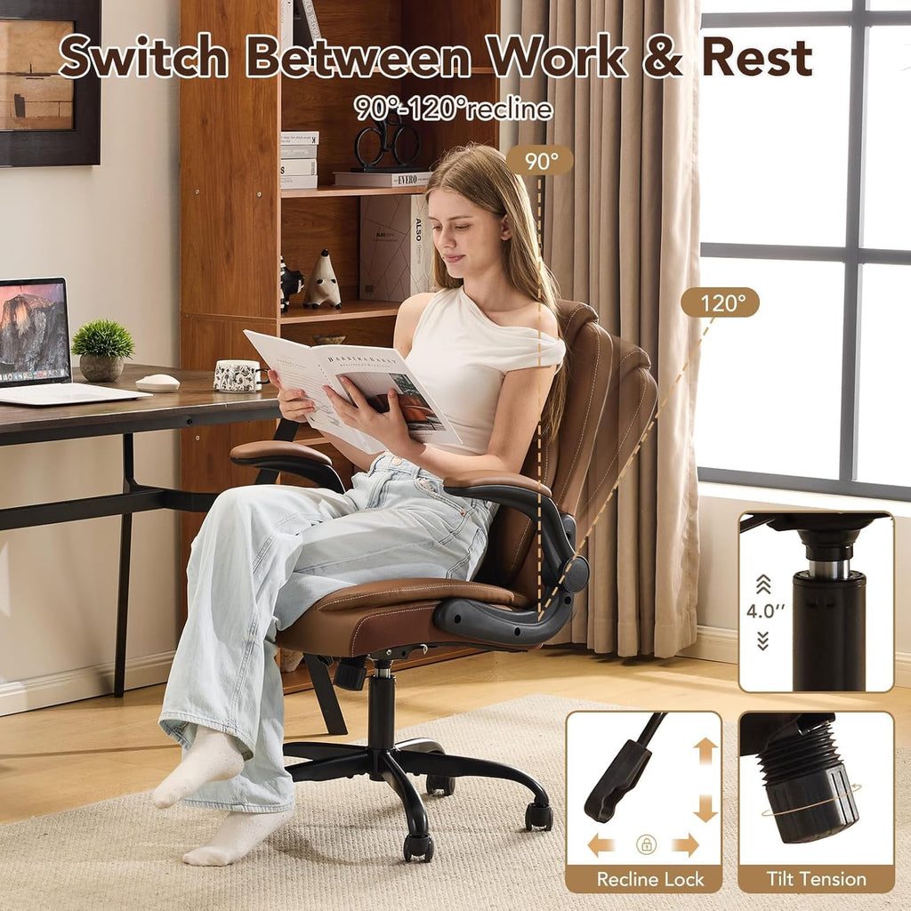 YFO Leather Office Ergonomic Home Office Desk Chair, Back Support Swivel Executive Office Chair with Wheels and Flip-Up Armrests, Small Gaming Chair with Adjustable Rocking Function, Brown