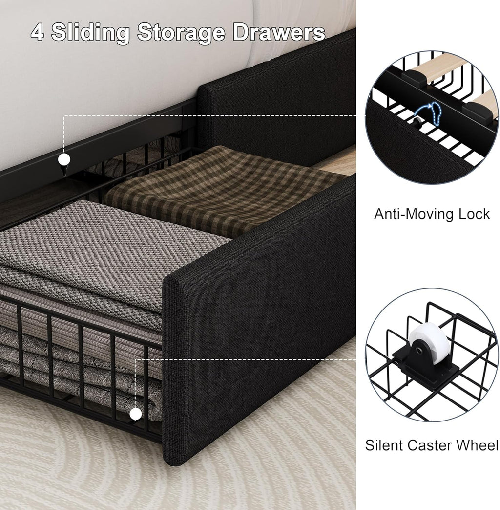 Queen Size Upholstered Platform Bed Frame with 4 Storage Drawers and Charging Station, Linen Button Tufted Wingback Headboard, Sturdy Wooden Support Slats, No Box Spring Needed, Black