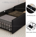 Queen Size Upholstered Platform Bed Frame with 4 Storage Drawers and Charging Station, Linen Button Tufted Wingback Headboard, Sturdy Wooden Support Slats, No Box Spring Needed, Black