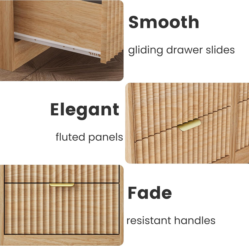 LED Nightstand with Charging Station, Fluted Nightstand Set of 2, Wood Nightstands with 2 Drawers & Metal Handles, Modern Bedside Table & End Tables, Farmhouse Night Stands for Bedroom, Natural