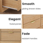 LED Nightstand with Charging Station, Fluted Nightstand Set of 2, Wood Nightstands with 2 Drawers & Metal Handles, Modern Bedside Table & End Tables, Farmhouse Night Stands for Bedroom, Natural